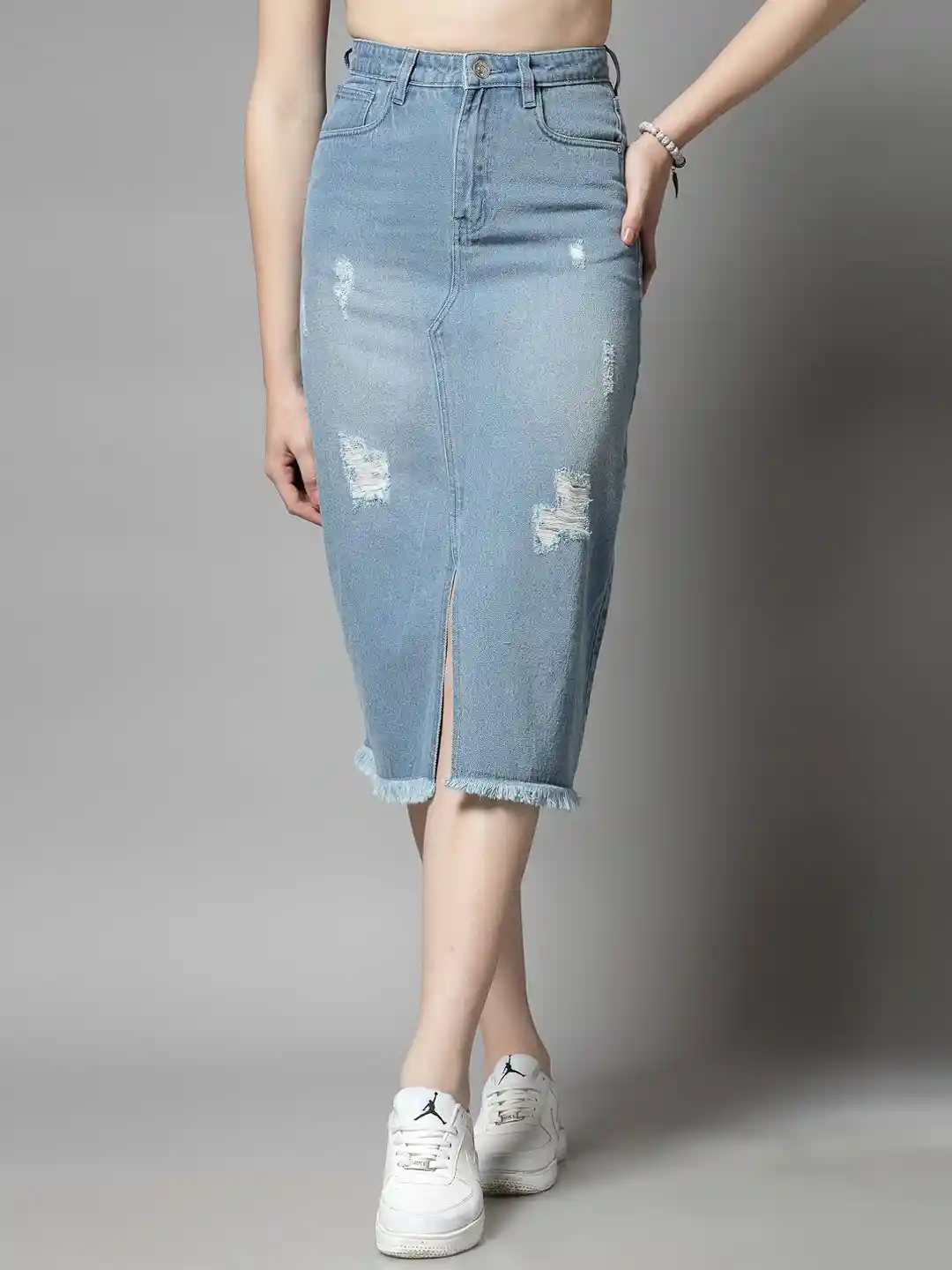 Buy COSMIC TRIO A-Line Distressed Denim Midi Skirt Skirts for