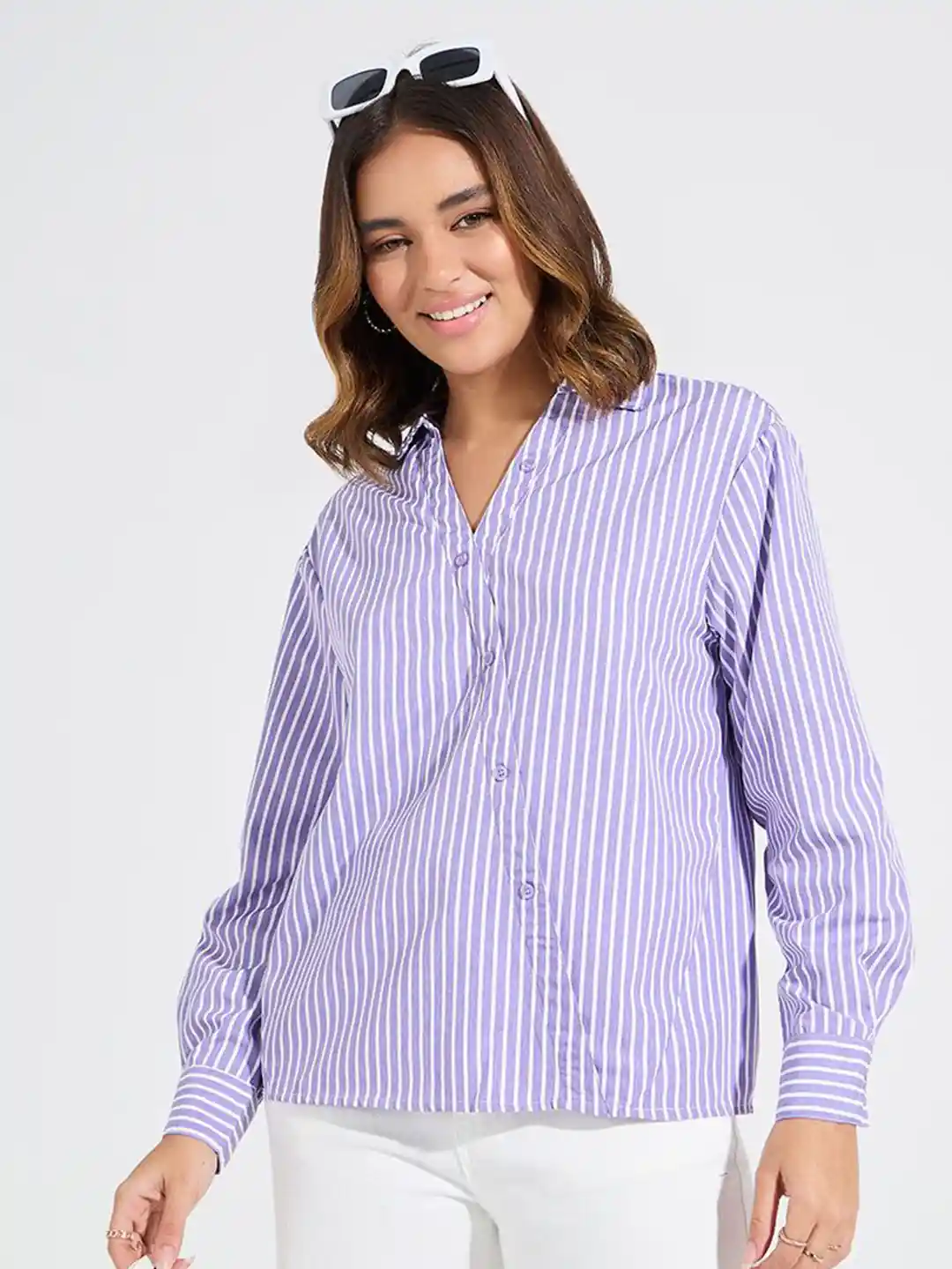 Buy Women Striped Oversized Shirt with Asymmetric Button Shirts