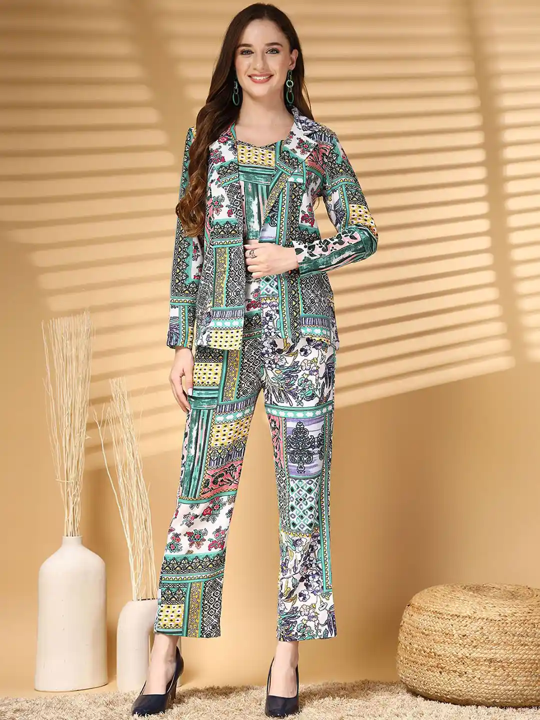 plusS Green Floral Printed Pure Cotton Top With Trouser Blazer