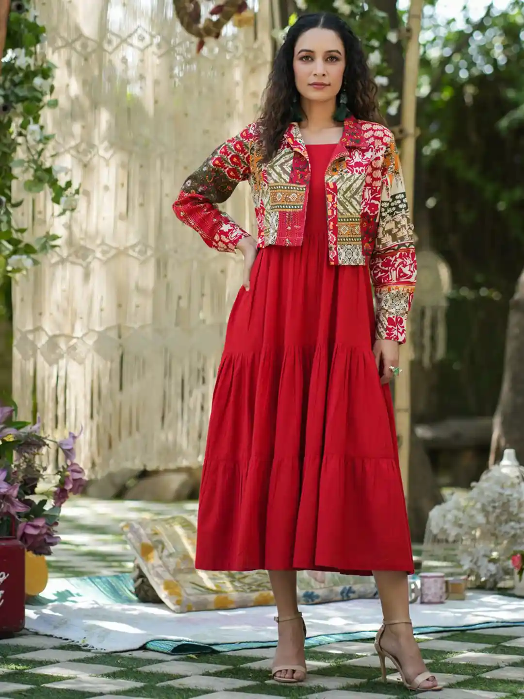 Rain Rainbow Pure Cotton Fit Flare Sleeveless Midi Dress with Jacket