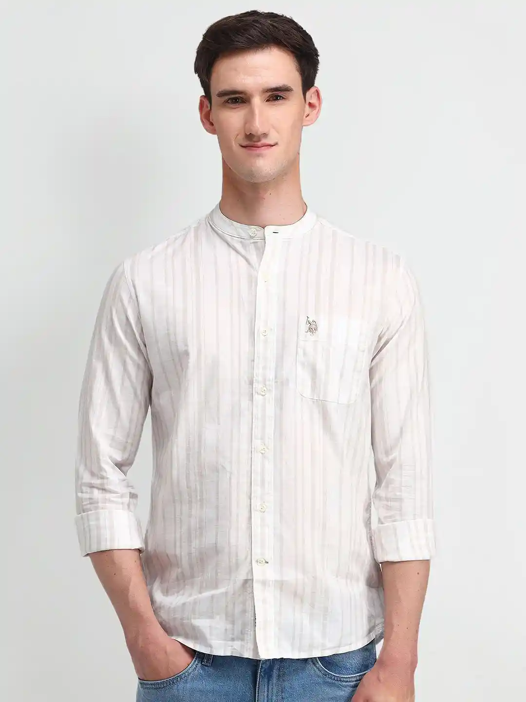 Buy Polo Denim Men Comfort Band Collar Striped - Main Image