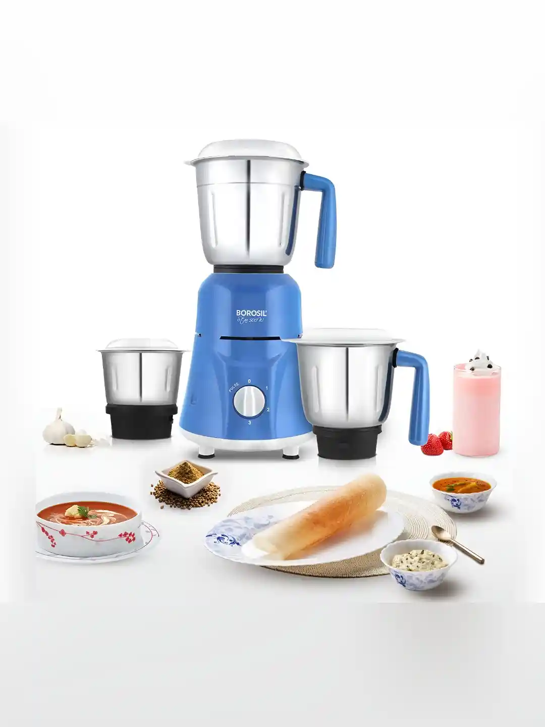 Borosil Star Blue Stainless Steel Anti Skid Vaccum Rubber Feet Jars Wet  and Dry Grinder-500W