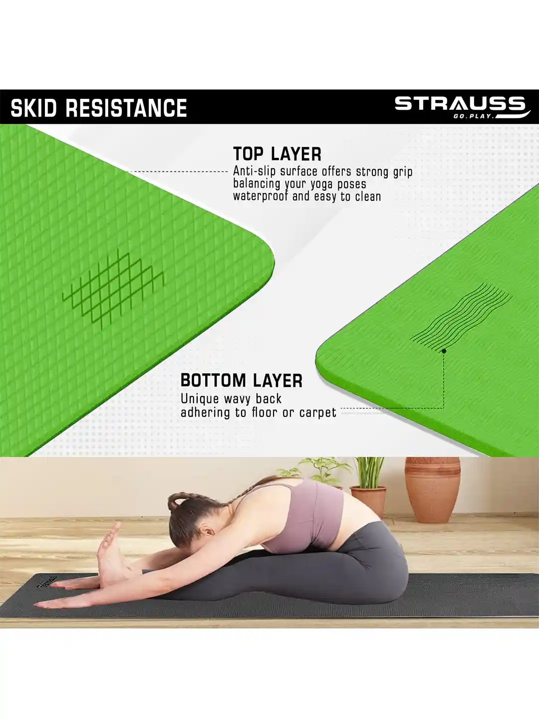 STRAUSS Green Anti-Skid Yoga Mats With Carry Strap