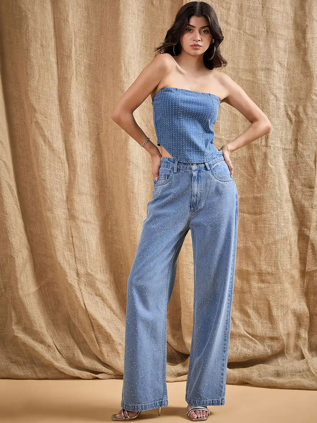 Buy SASSAFRAS Embellished Off Shoulder Top With Jeans Co-Ords Co