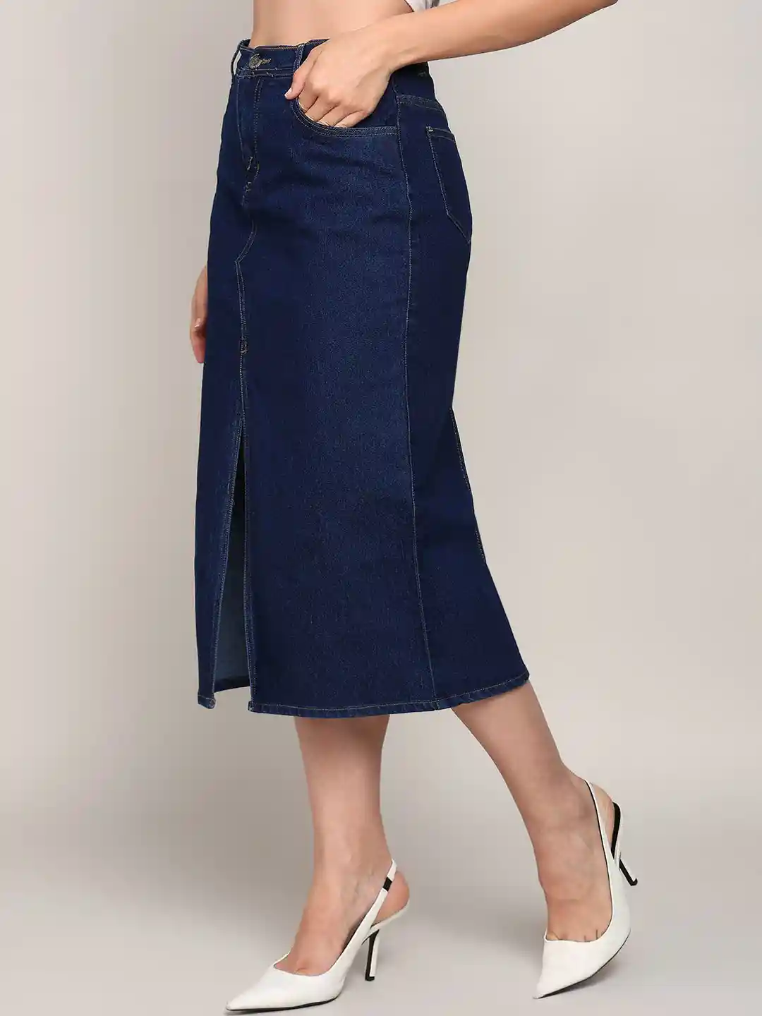 Buy Nifty Front Slit Straight Midi Denim Skirt - Skirts for