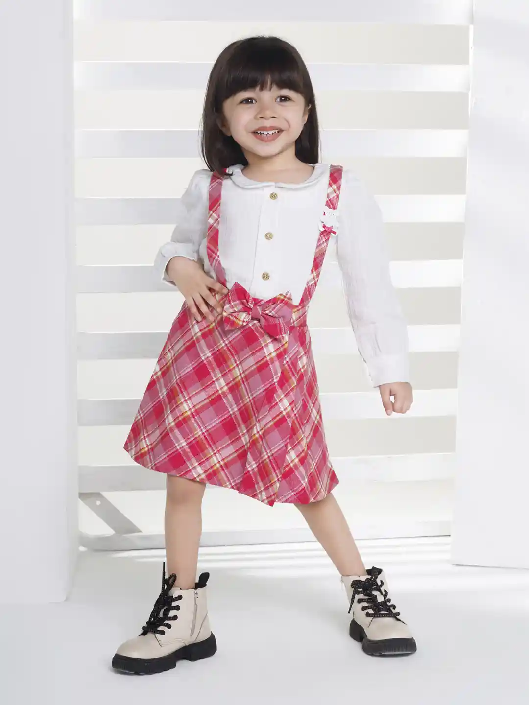 Buy Peppermint Kids-Girls Checked Peter Pan Collar Pinafore Dress