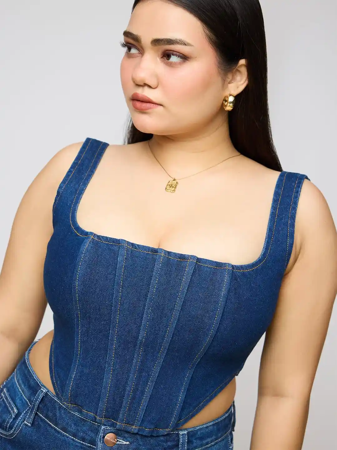 Buy FREAKINS Women Plus Size Denim Corset Pure Cotton Crop Top