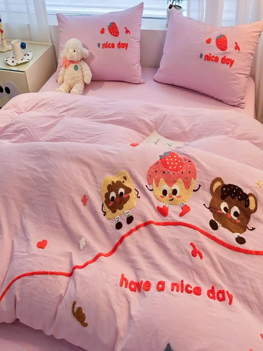 JC HOME Pink Grey Cartoon Characters Embroiderd Double King Regular  Bedding Set