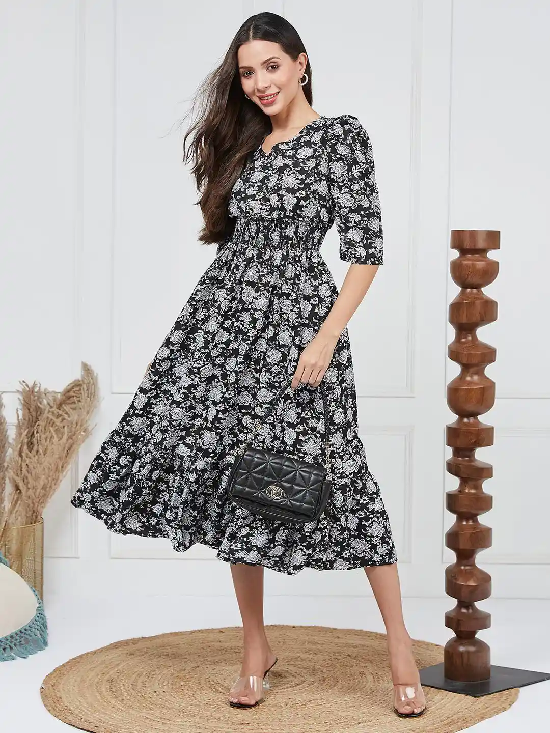 Buy Selvia Floral Print Puff Sleeve Crepe Fit Flare Midi Dress