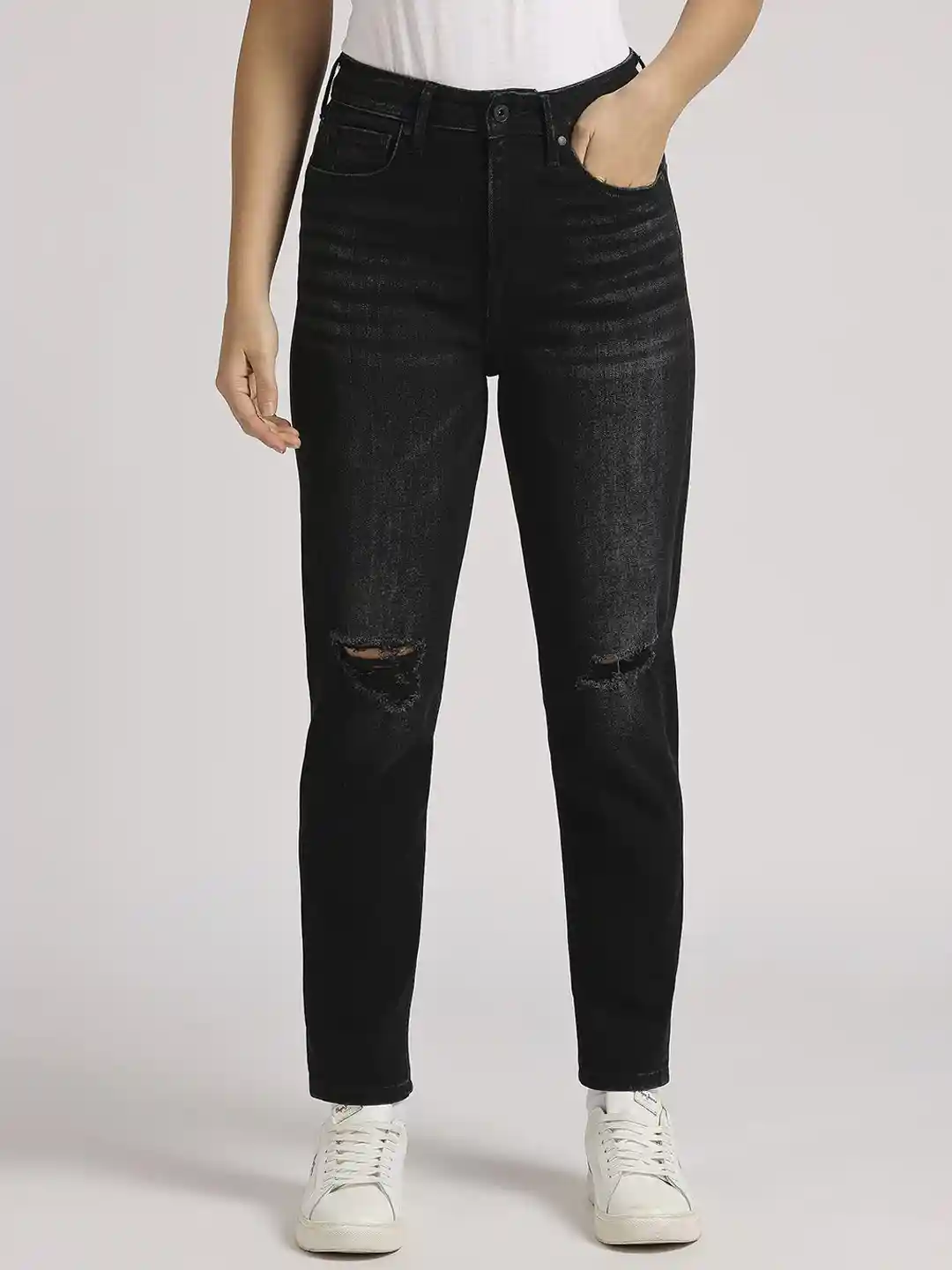 Buy Pepe Jeans Women Mom Fit High-Rise Slash Knee Light Fade Jeans