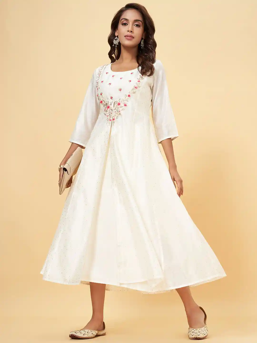RANGMANCH BY PANTALOONS Floral Embroidered A-Line Midi Dress