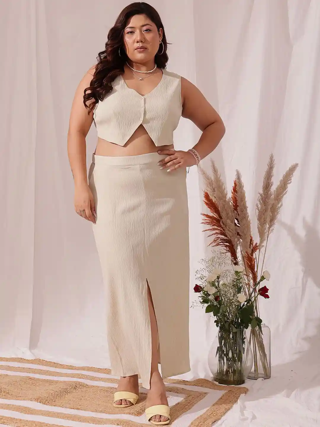 Buy CURVY STREET Plus Size V-Neck Crop Waist Coat With Maxi Skirt