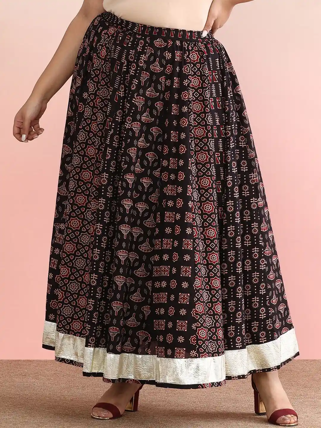 anayna Printed Pure Cotton Flared Plus Size Maxi Skirt