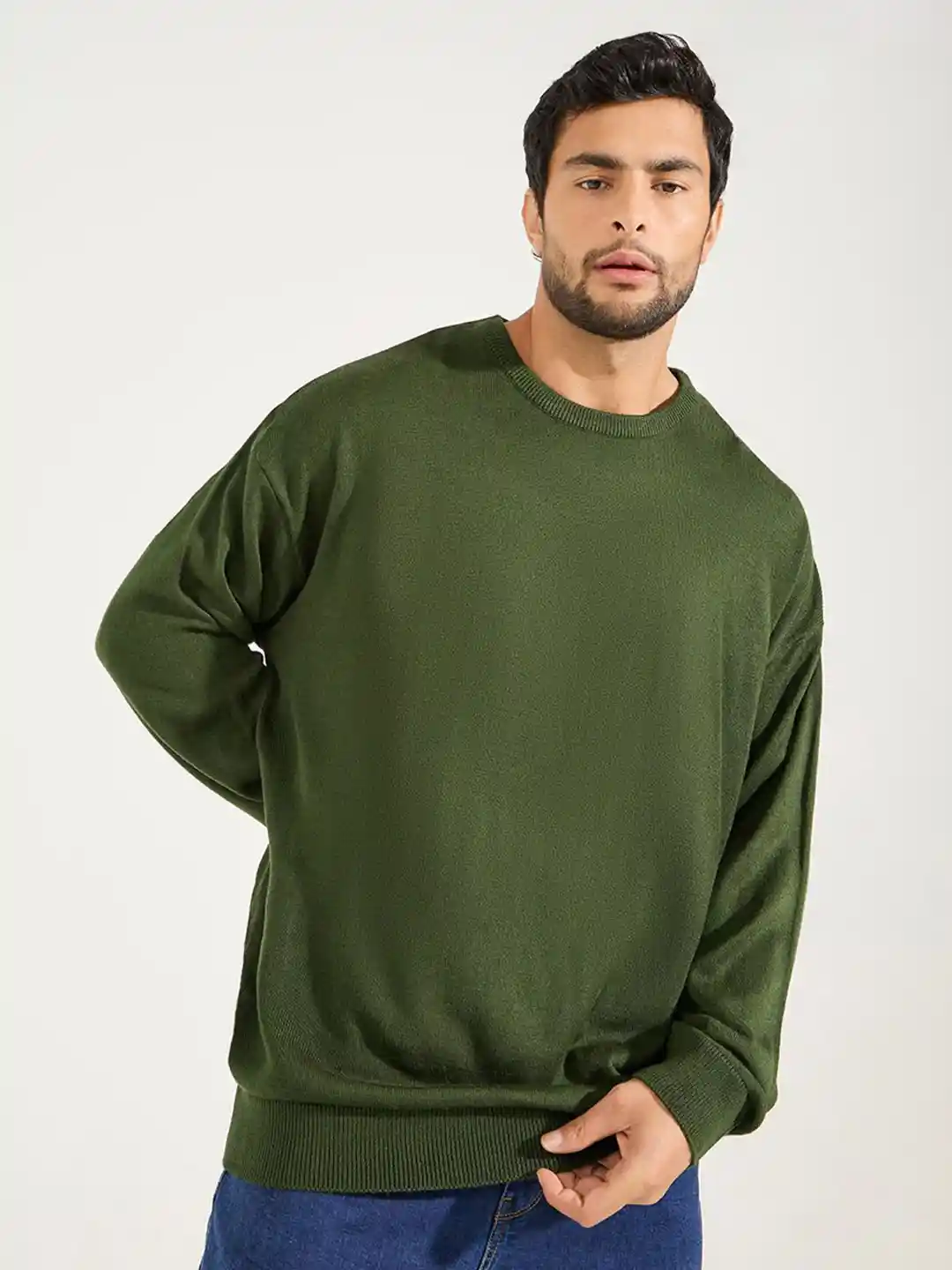 Styli Olive Green Relaxed Fit Crew Neck Light Weight Ribbed Acrylic  Pullover Sweater