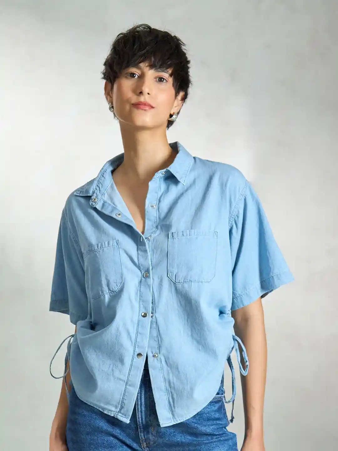 Buy Virgio Pure Cotton Denim Drawstring Shirt Shirts for Women
