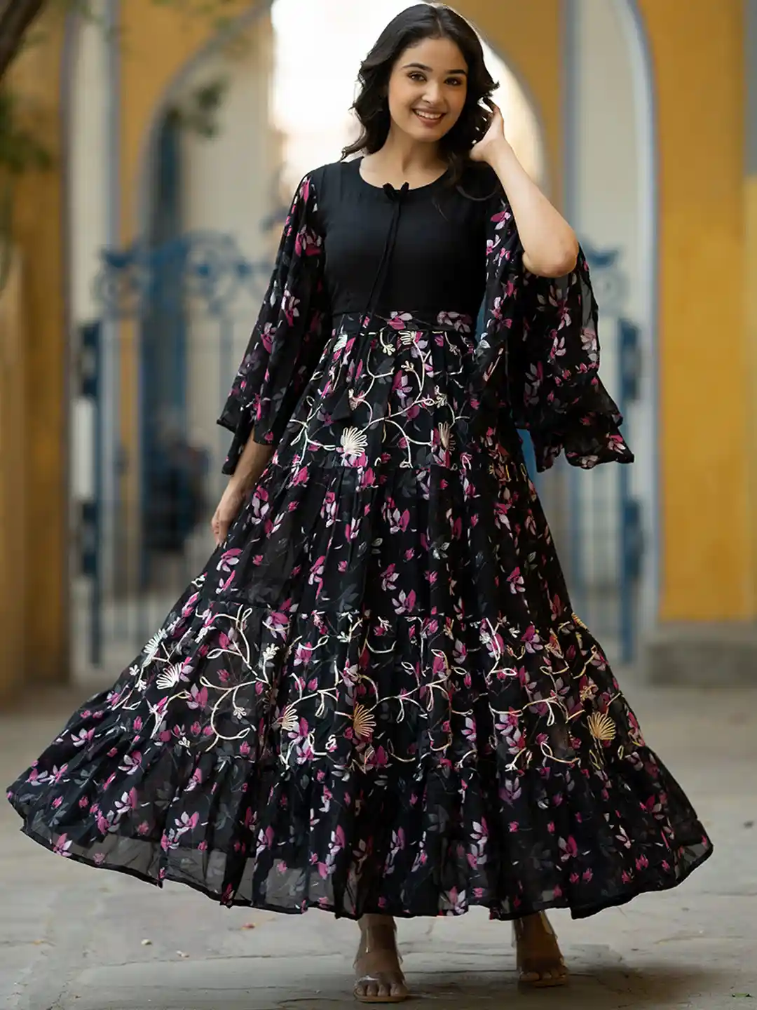 Floral Print Black Maxi Tea Dress Going To High Tea Black Floral