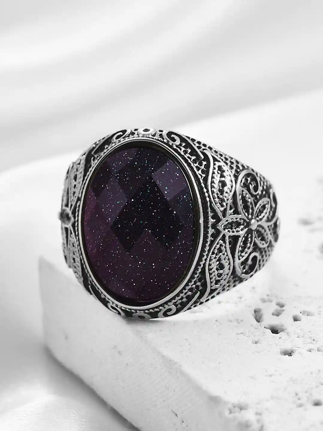 Buy Peora Men Silver-Plated Stainless Steel Stones-Studded Finger