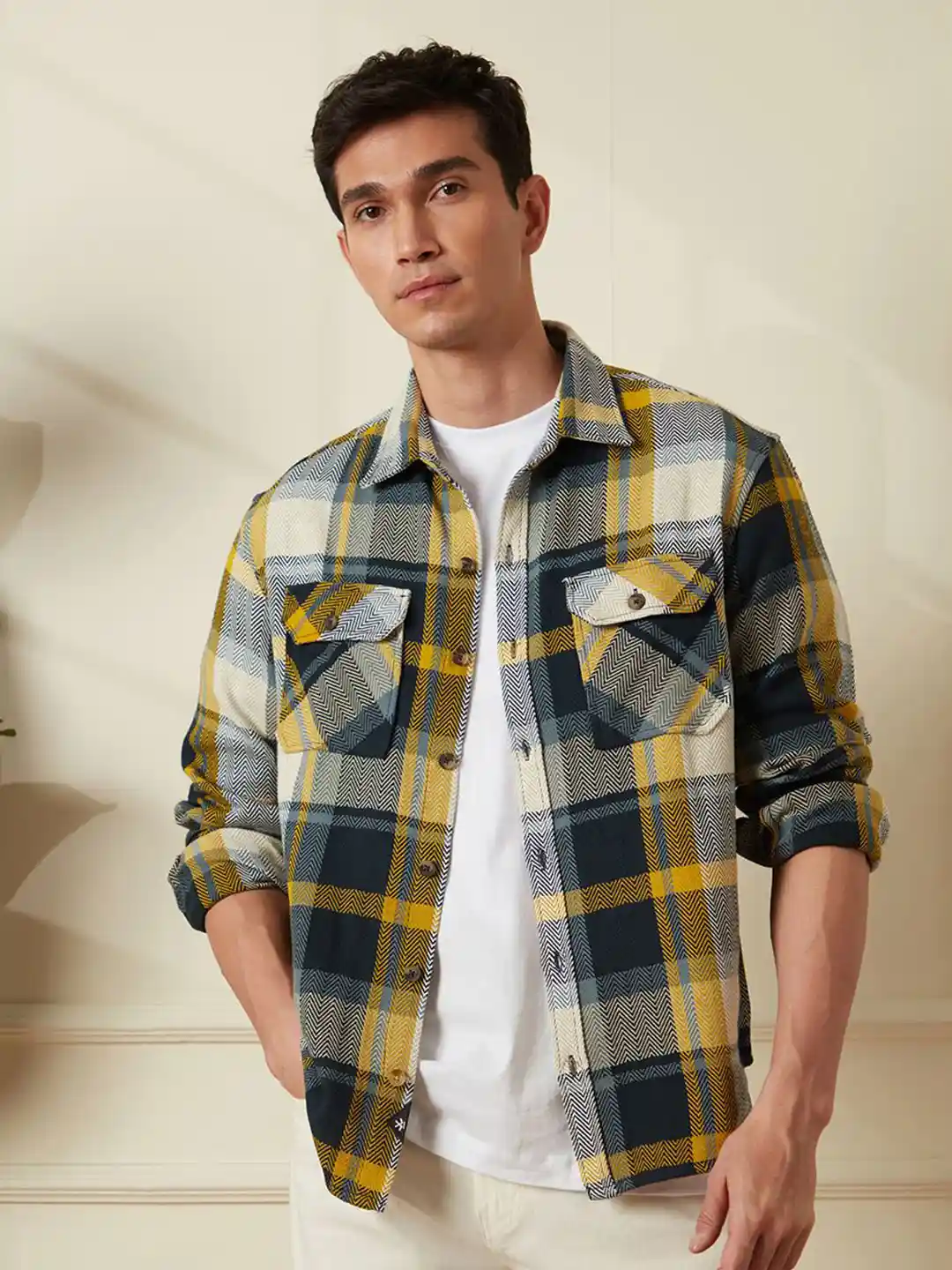 Buy WROGN Men Comfort Spread Collar Tartan Checked Cotton Relaxed