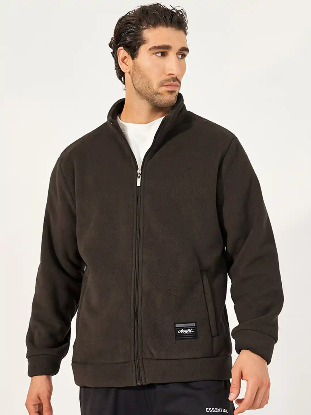 Styli Men High Neck Fleece Utility Jacket with Full Zip Closure
