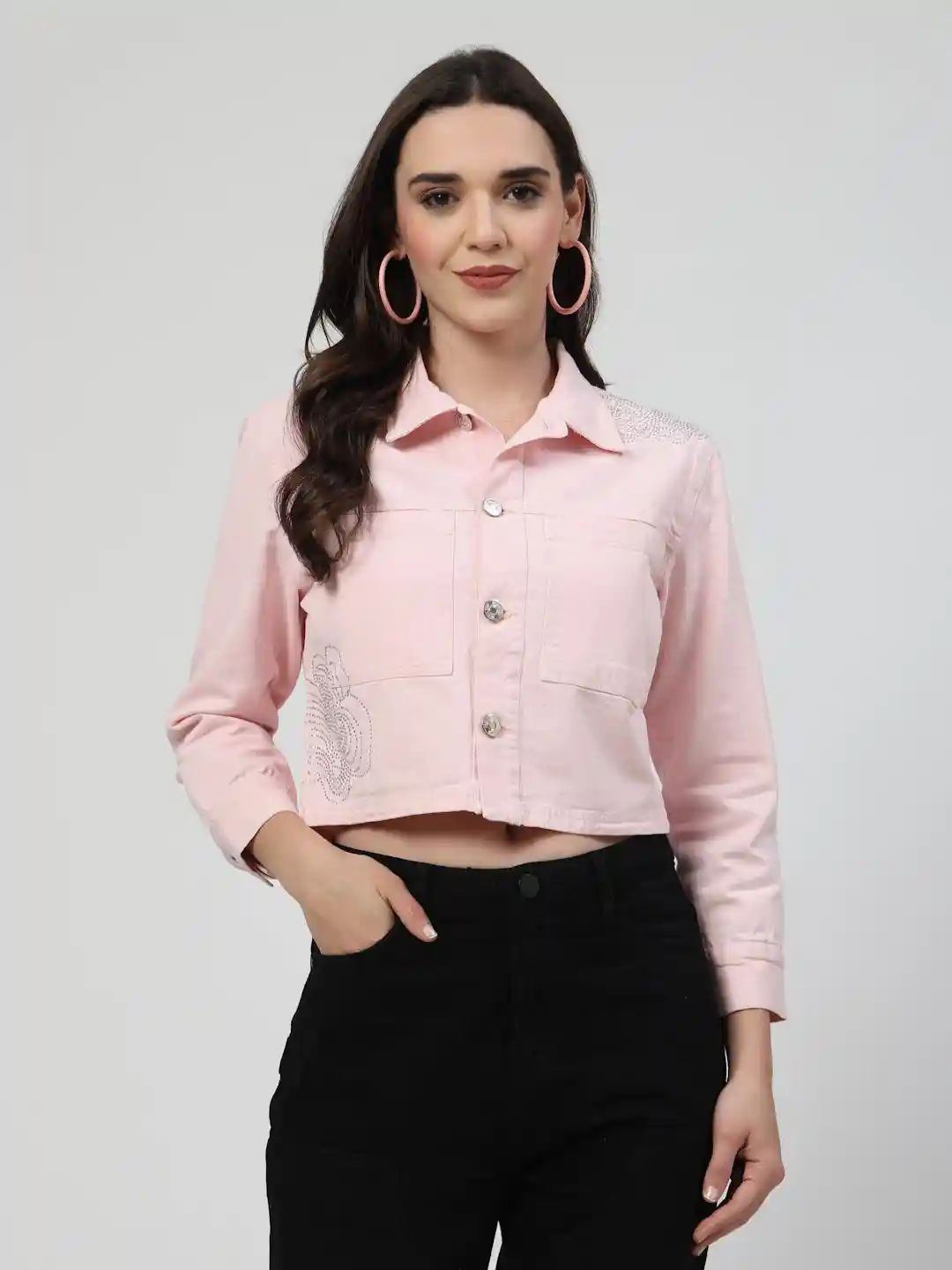 COSMIC TRIO Women Spread Collar Solid Cotton Casual Lightweight Denim Jacket