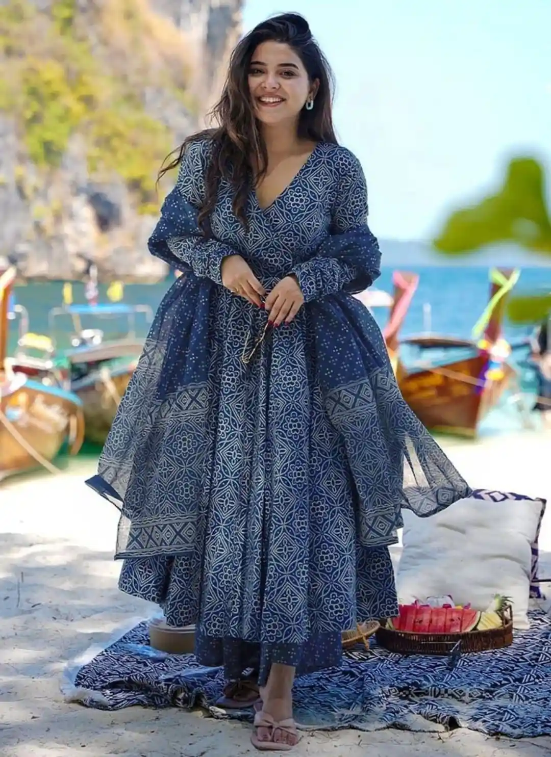 MANOJAVA Bandhani Printed V-Neck Angrakha Pure Cotton Kurta With Palazzos  And Dupatta