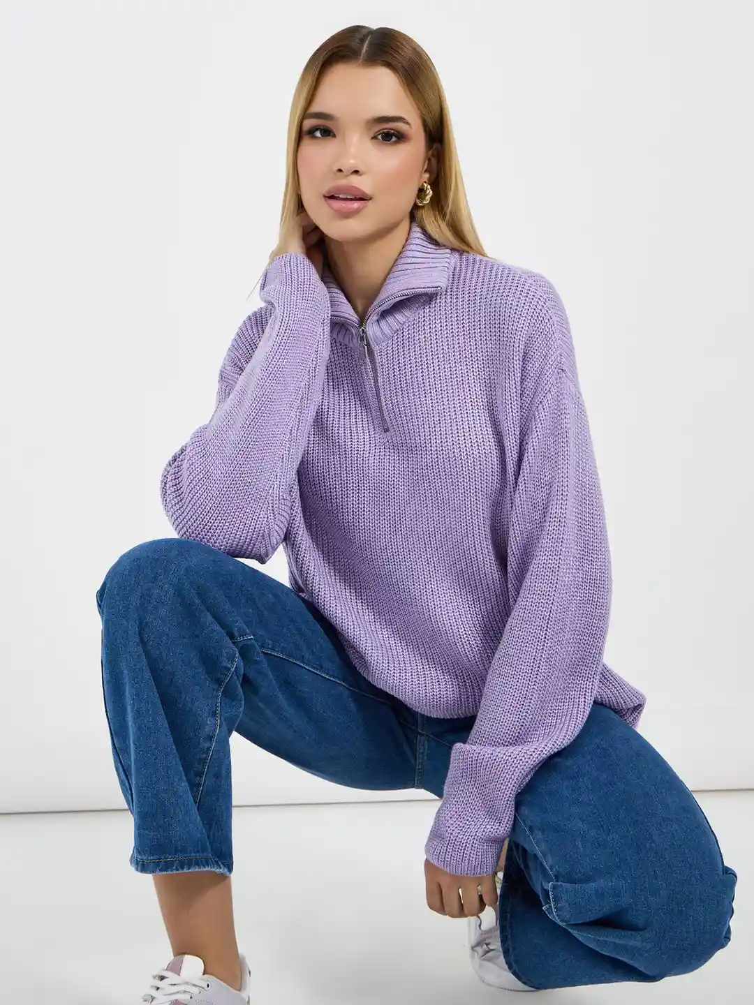 Styli Women Self Design Chucky Rib High Neck Half Zipper Oversized Pullover  Sweater