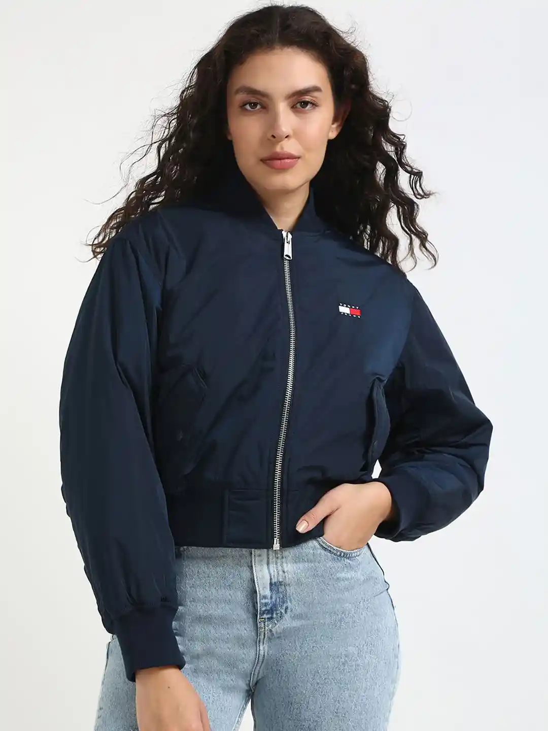Buy Tommy Hilfiger Women Stand Collar Solid Casual Bomber Jacket