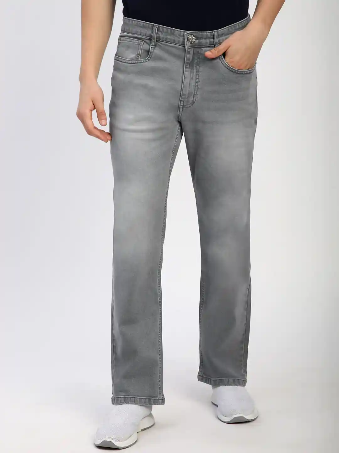 Beyoung Men Relaxed Fit Heavy Fade Light Grey Whisker Mid-Rise Bootcut Jeans