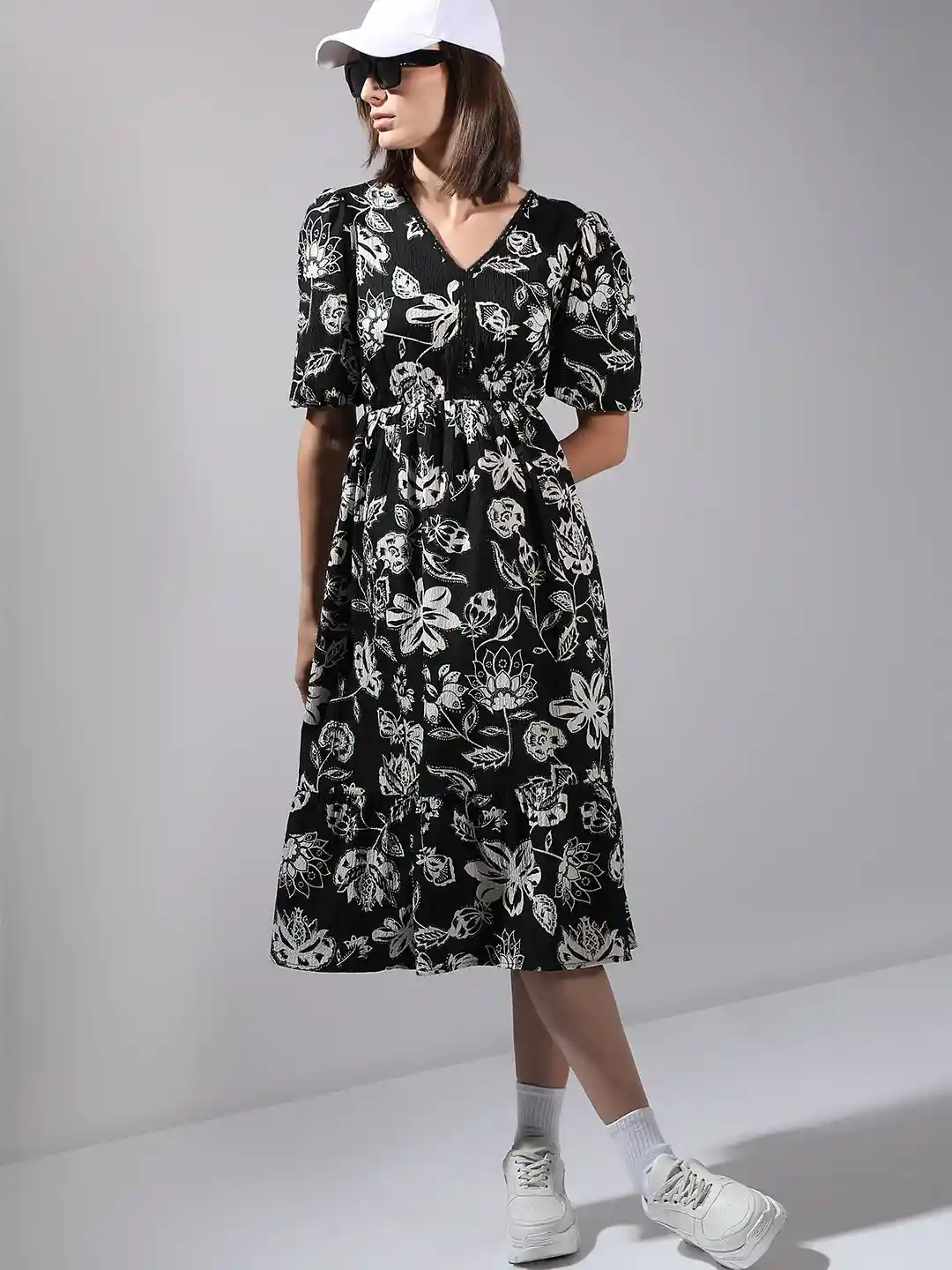 Buy Vero Moda Cotton Floral Printed Puff Sleeve Fit Flare Midi