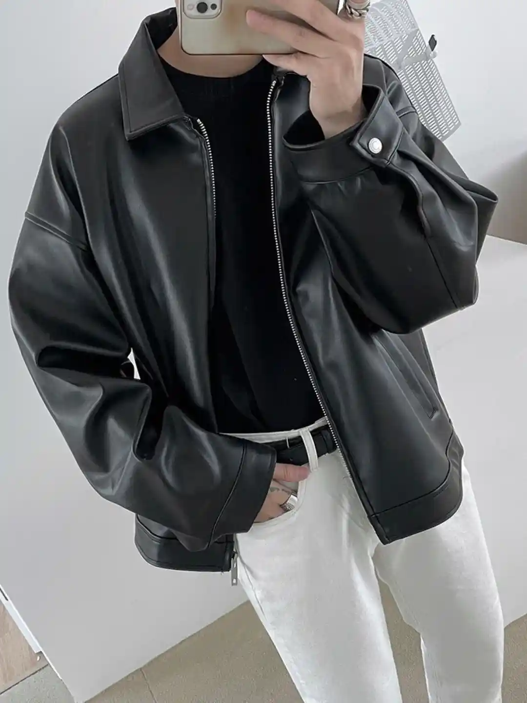 Buy HERE&NOW Men Spread Collar Solid Leather Casual Leather Jacket