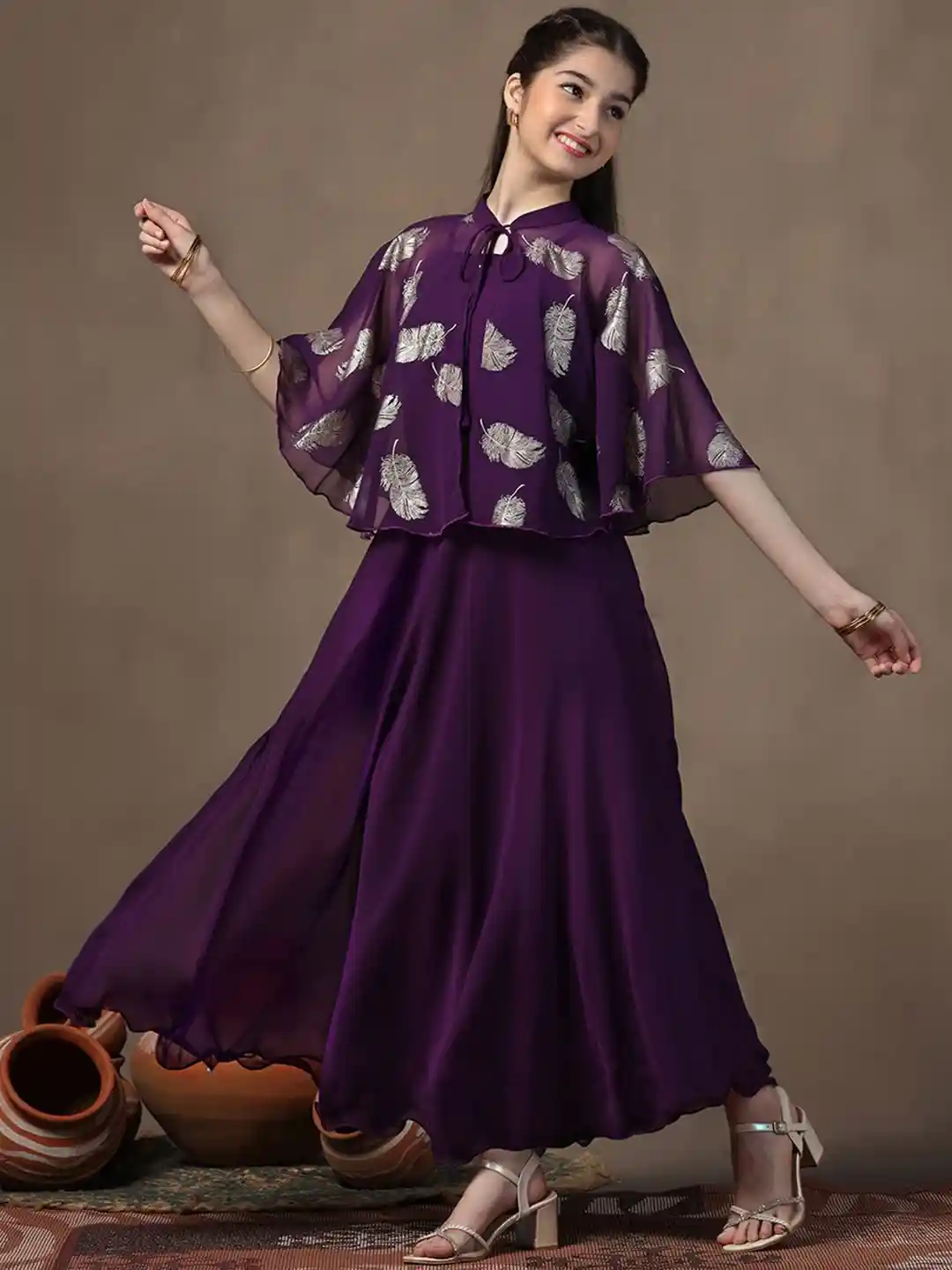 Buy FASHION DREAM Girls Fit Flare Maxi Dress With Cape Shrug