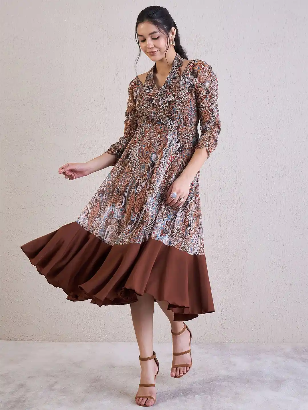 Antheaa Ethnic Motifs Printed Chiffon Fit Flare Midi Dress