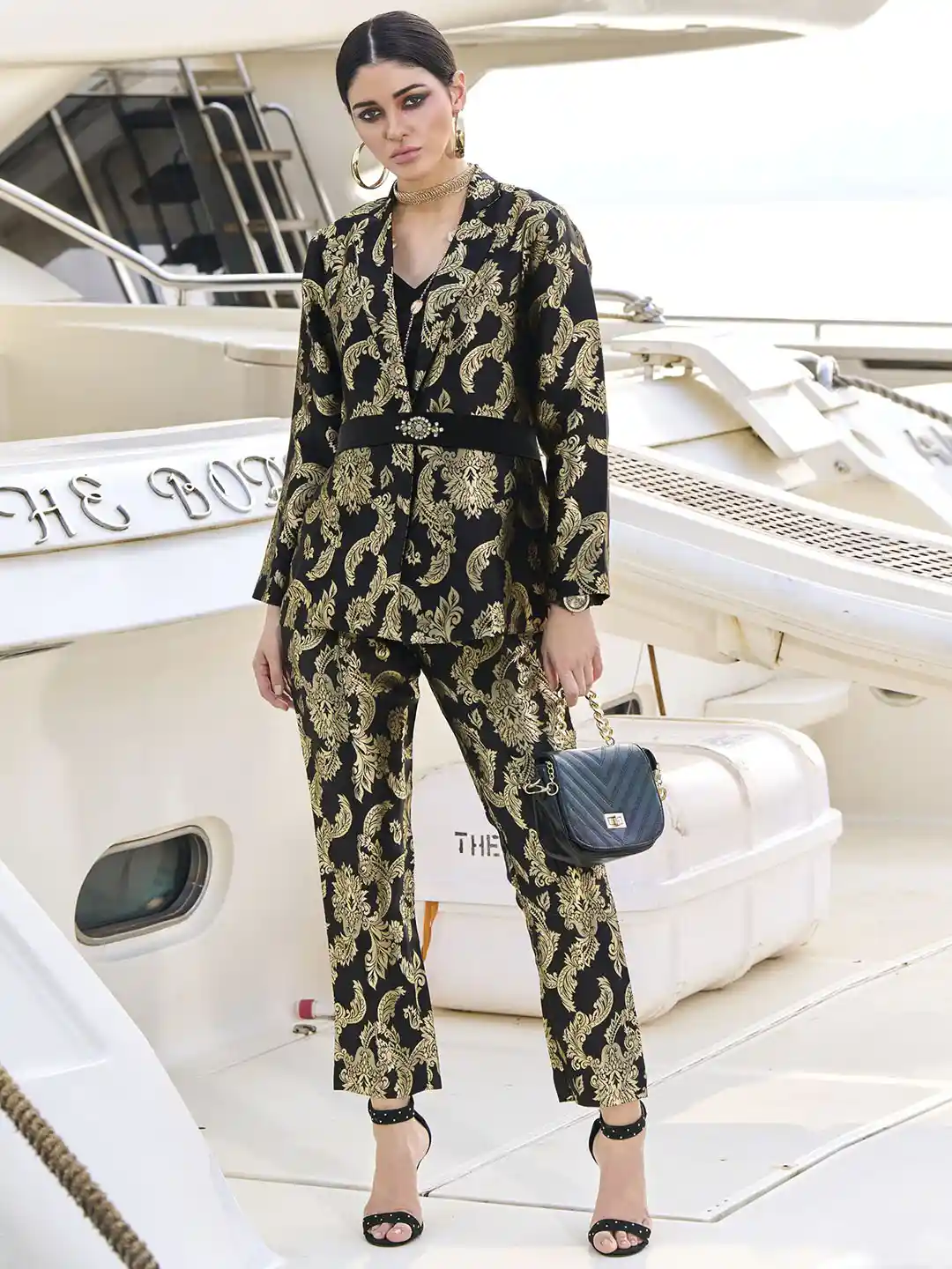 MOJILAA Woven Design Blazer Crop Top Belt Jacket Trouser Co-Ords