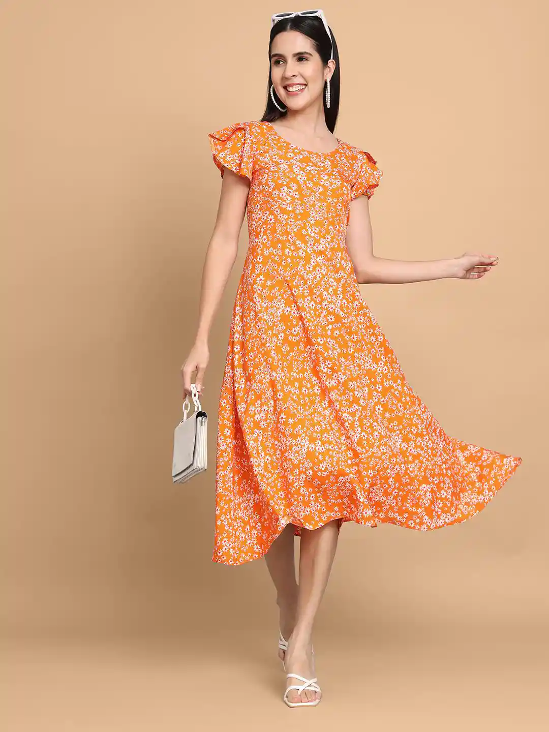 Buy Dream Beauty Fashion Floral Printed Flutter Sleeve A-Line Midi