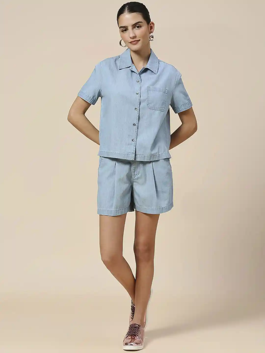 Buy Chemistry Short Sleeves Lightweight Denim Shirt With Shorts