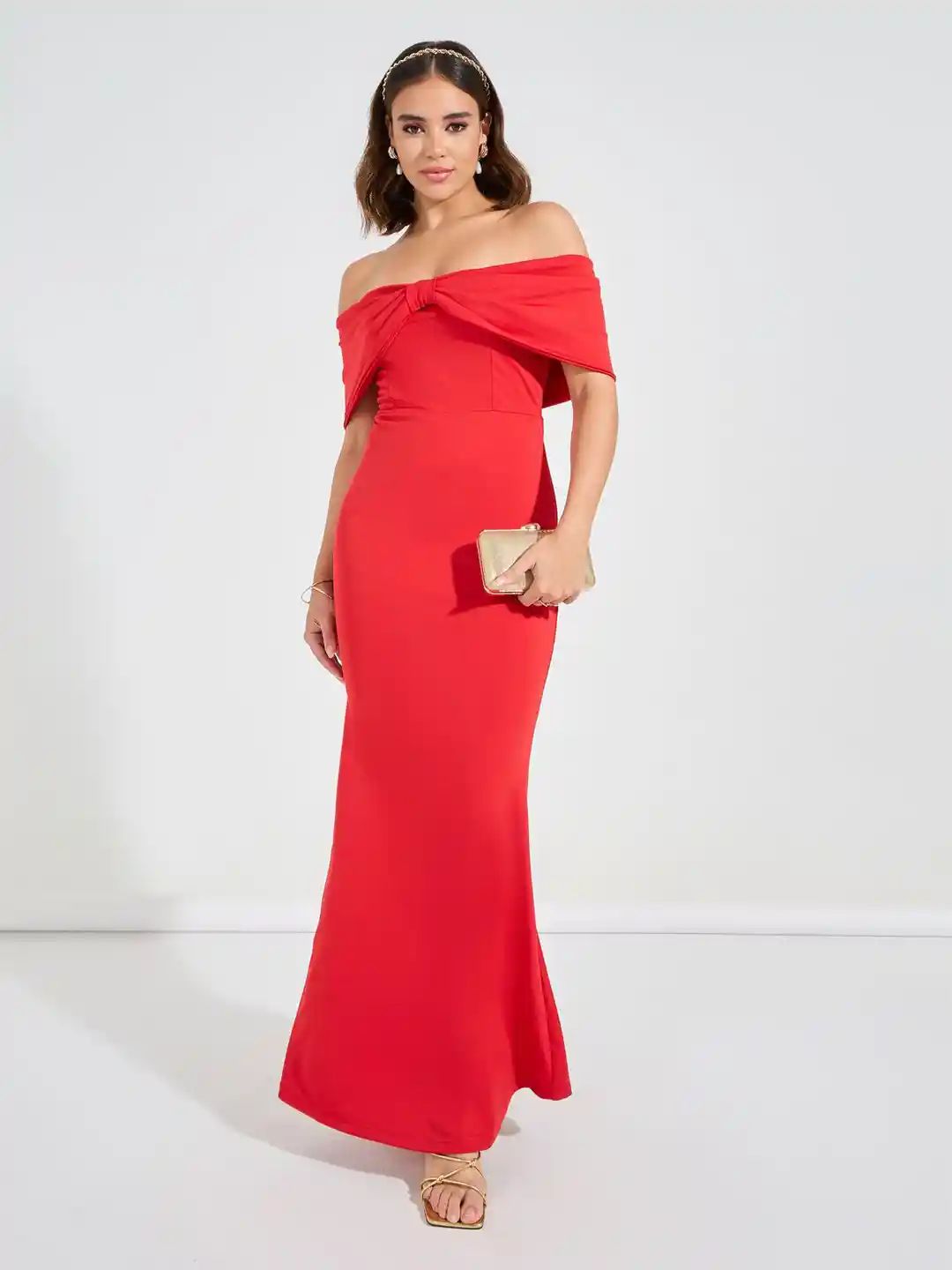 Styli Women Cherry Red Off Shoulder Bow Style Bodycon Maxi Dress