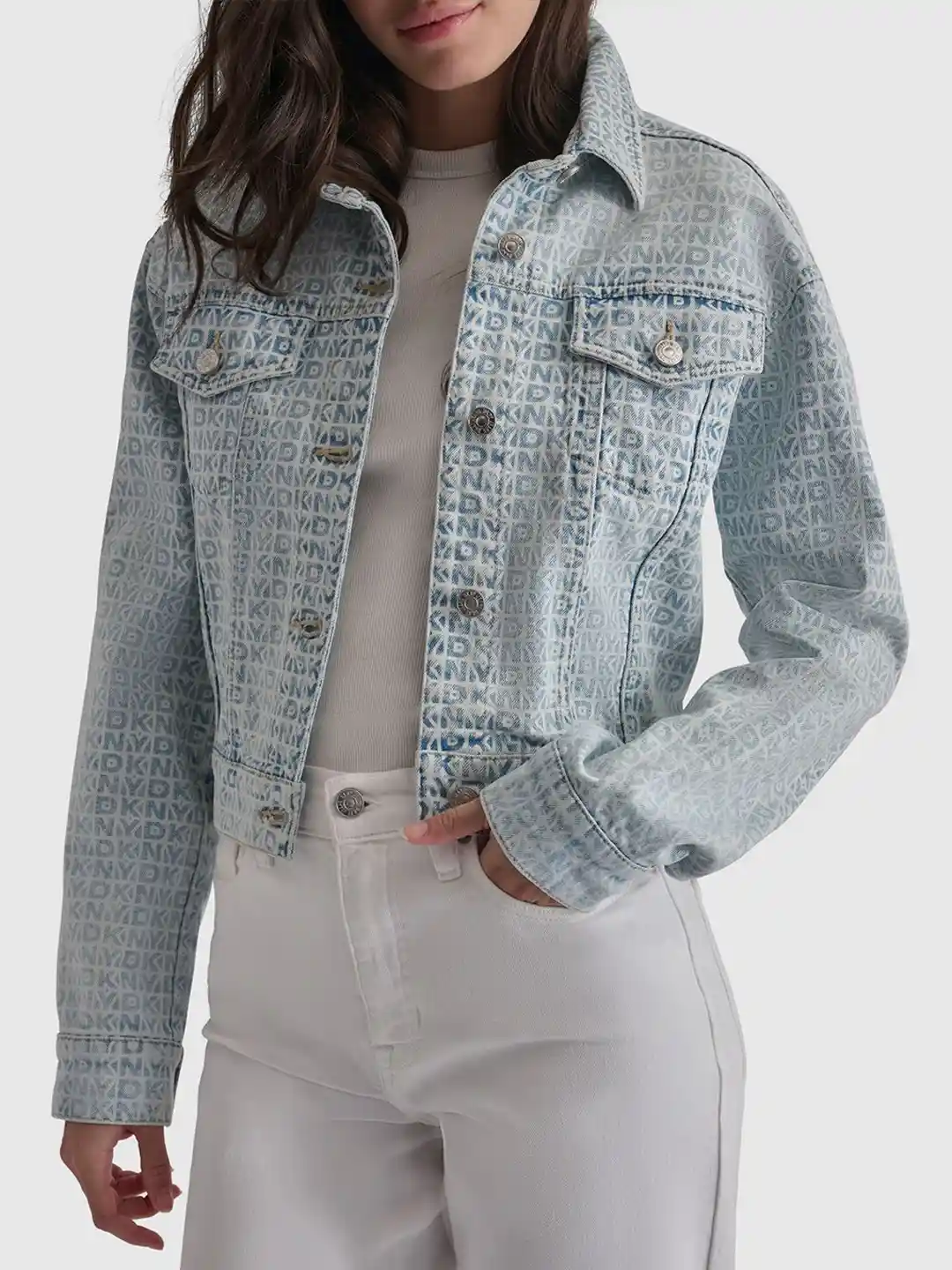 Buy DKNY Women Washed Crop Denim Jacket with Patchwork Jackets