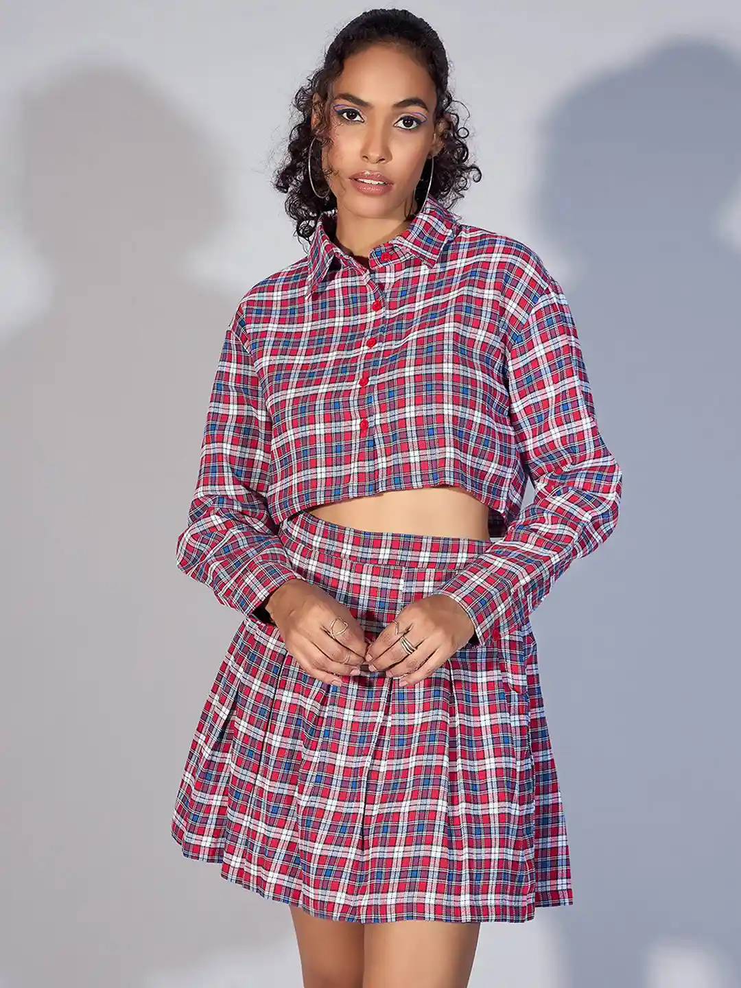 Buy SASSAFRAS Red Checked Pure Cotton Crop Shirt With Mini Skirt