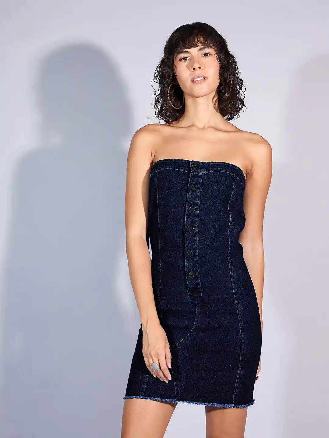 Denim Midi Bodycon Strapless Denim Dress SASSAFRAS Denim Tube Mini
