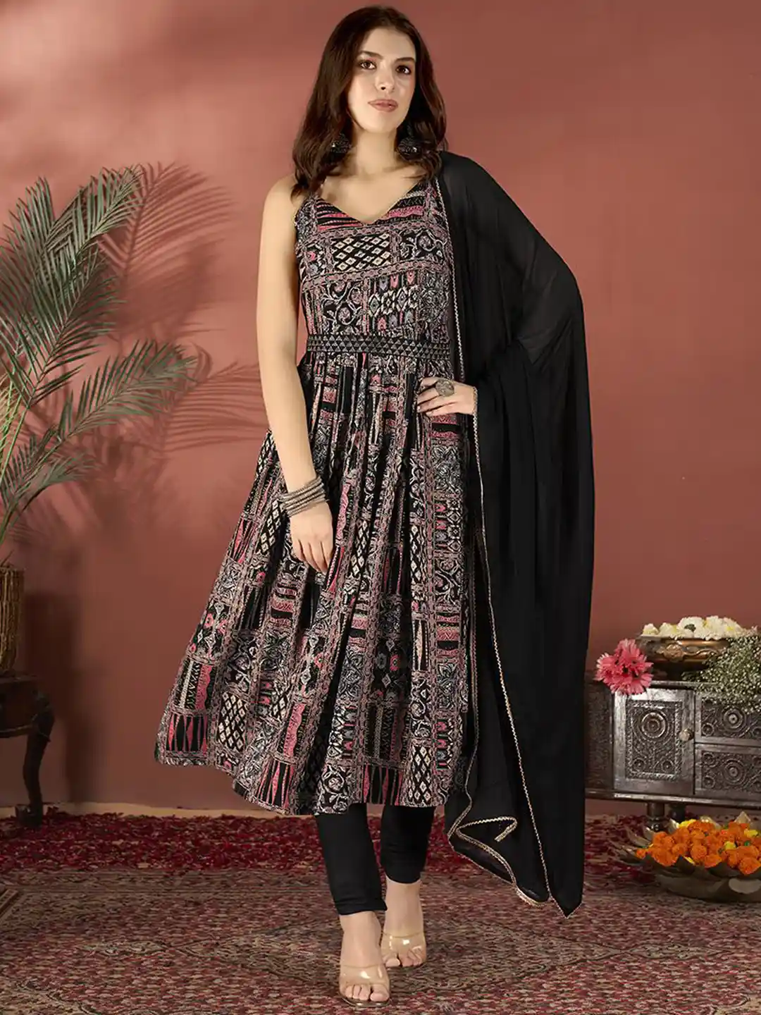 Buy Anouk Black Floral Printed Sleeveless Pleated Anarkali Kurta