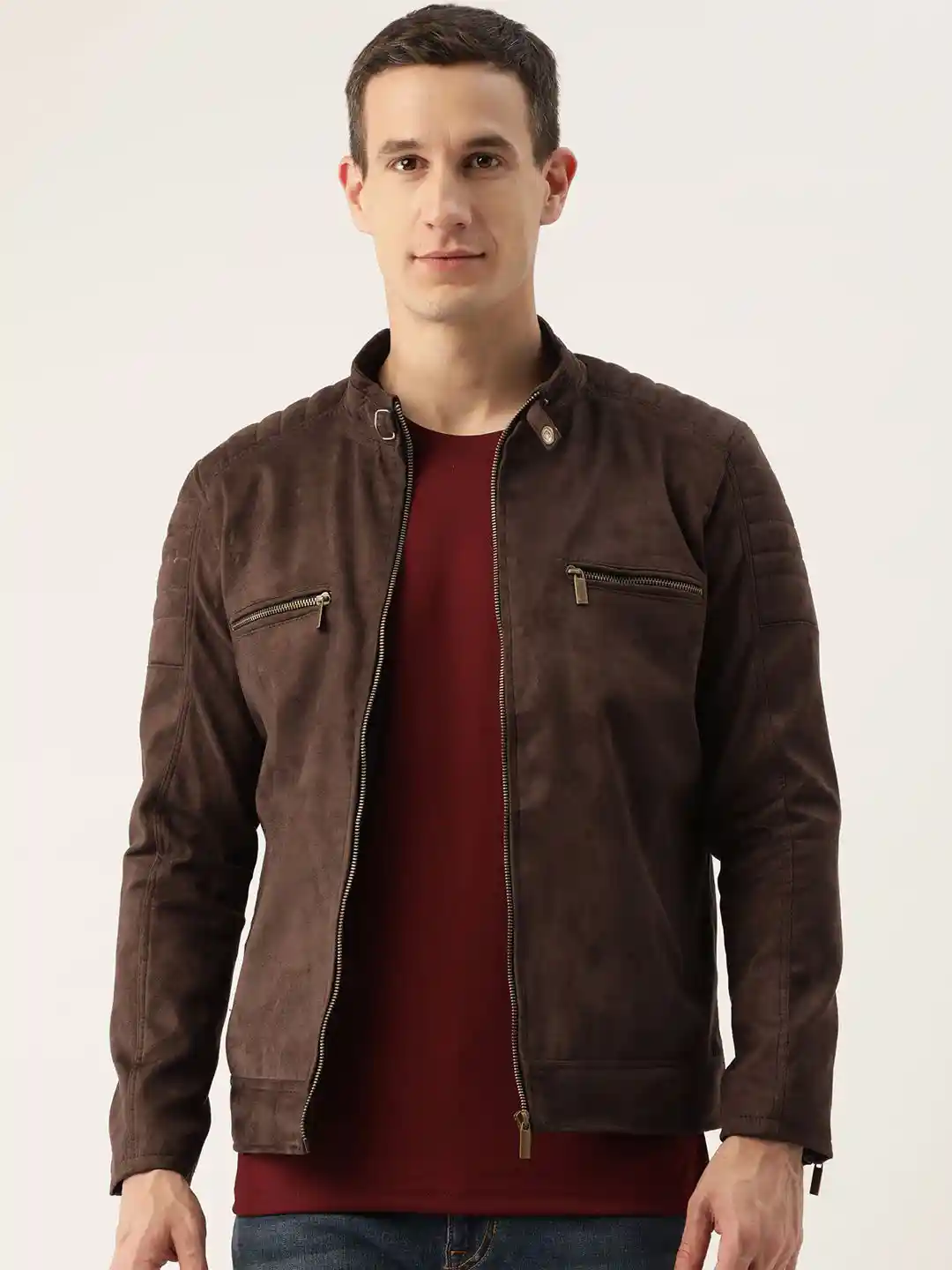 Leather Retail Men Checked Suede Lightweight Biker Jacket