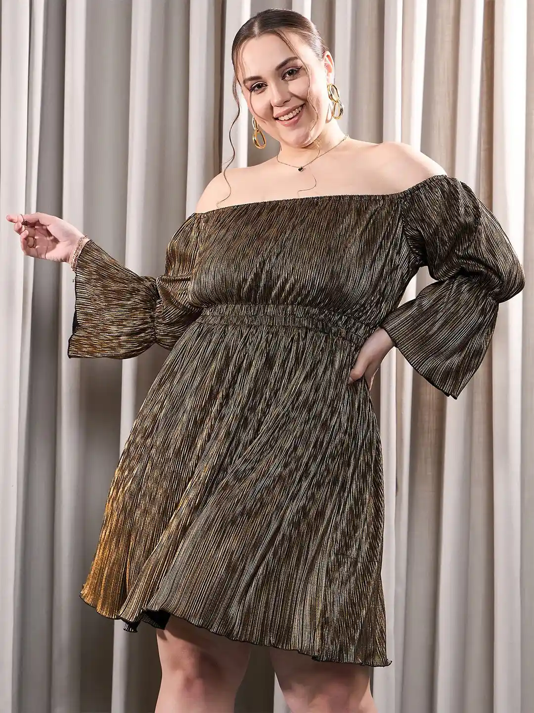 CURVE BY KASSUALLY Plus Size Off-Shoulder Bell Sleeve Fit Flare Dress