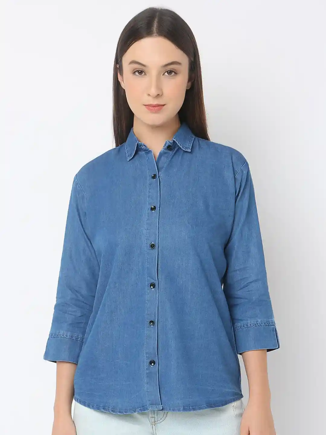 Buy Smarty Pants Women Comfort Spread Collar Solid Denim Formal