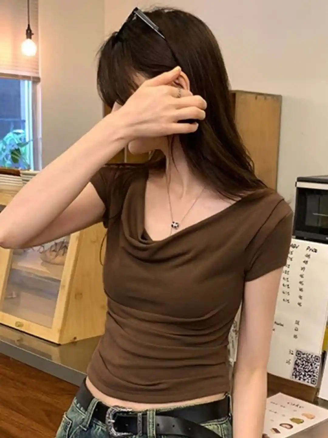 HERE&NOW Women V-Neck Short Sleeves Crop Top