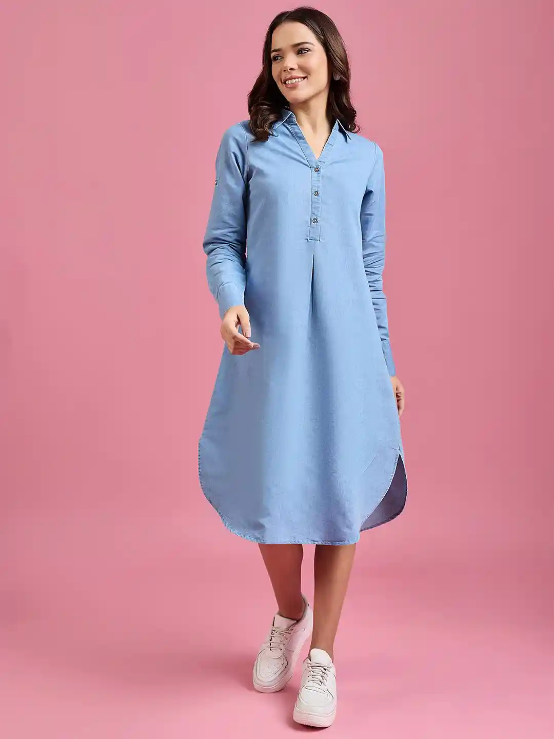 DressBerry Women Shirt Collar Denim A-Line Midi Dress
