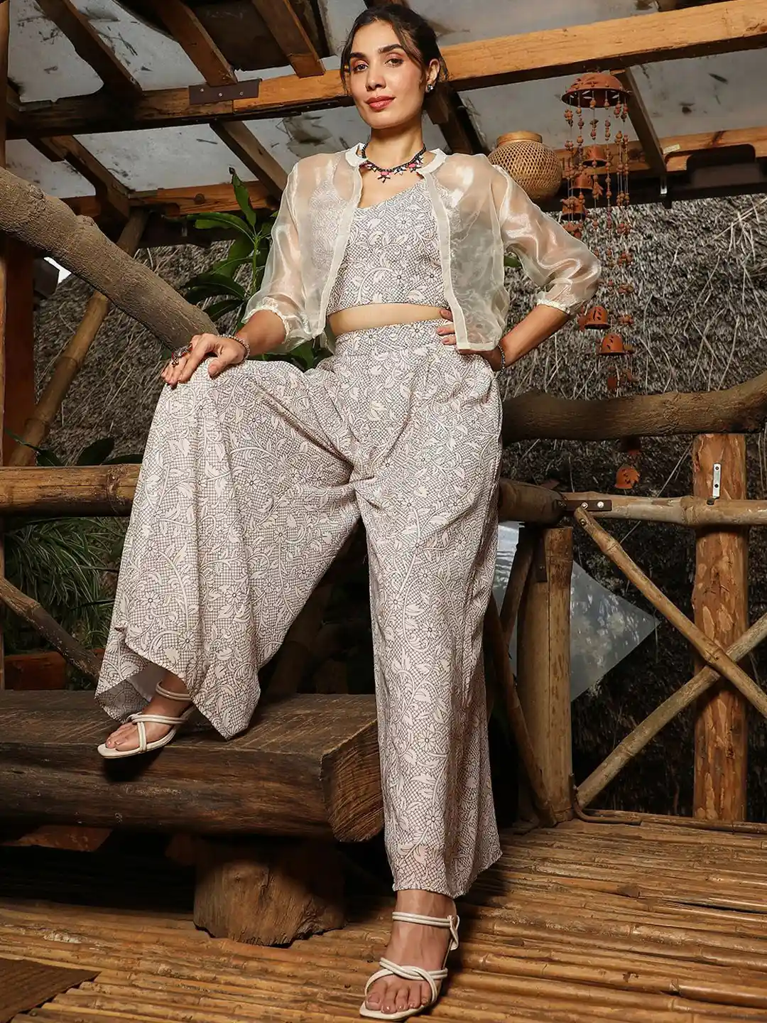 Buy QISSA Floral Printed Sleeveless Crop Top Palazzo With Shrug