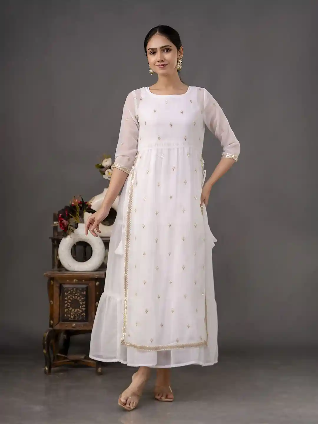 Buy Nayo Embroidered Georgette Fit Flare Maxi Dress With Jacket