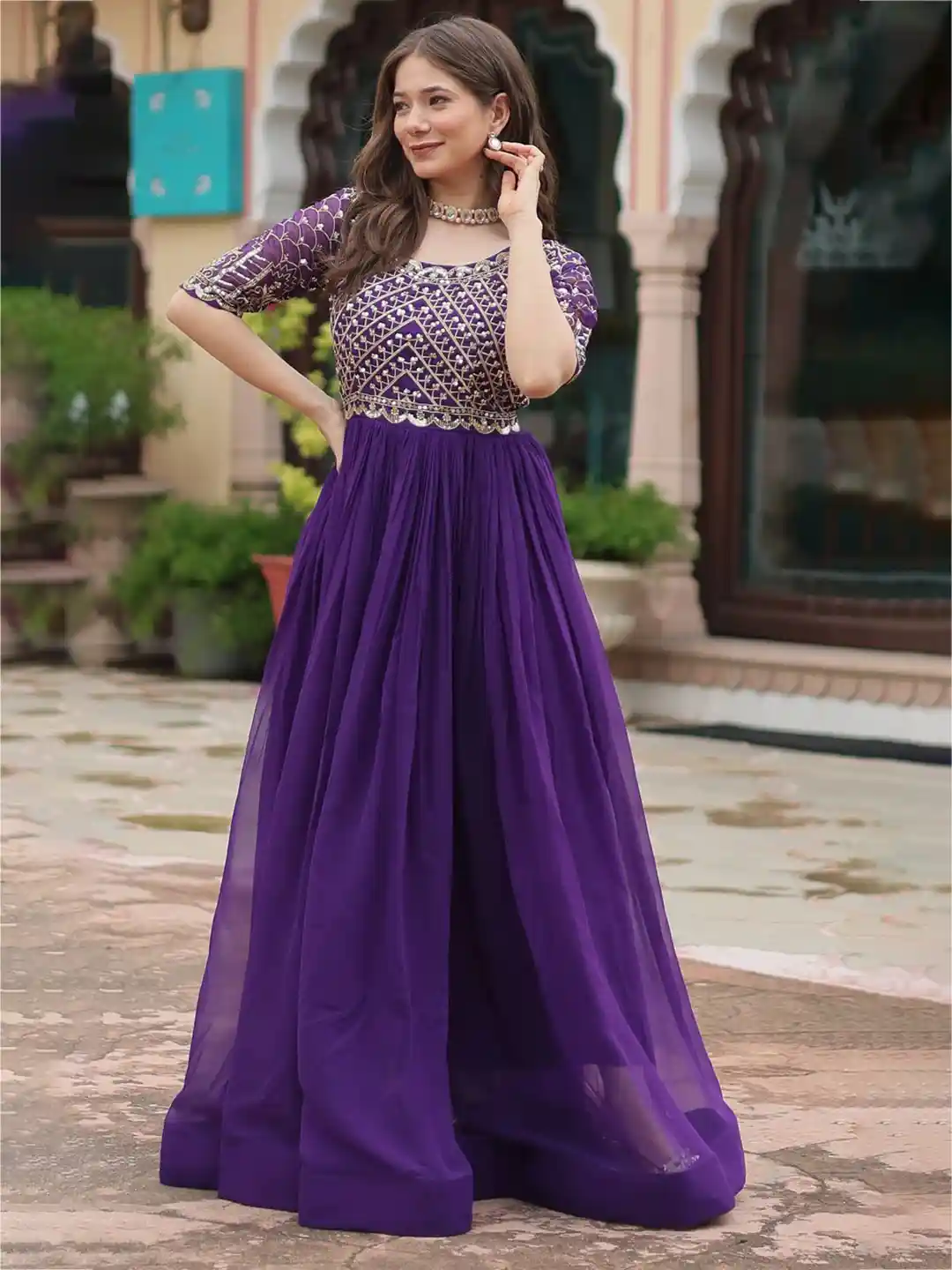 KALINI Women Embellished Embroidered Fit and Flare Maxi Dress