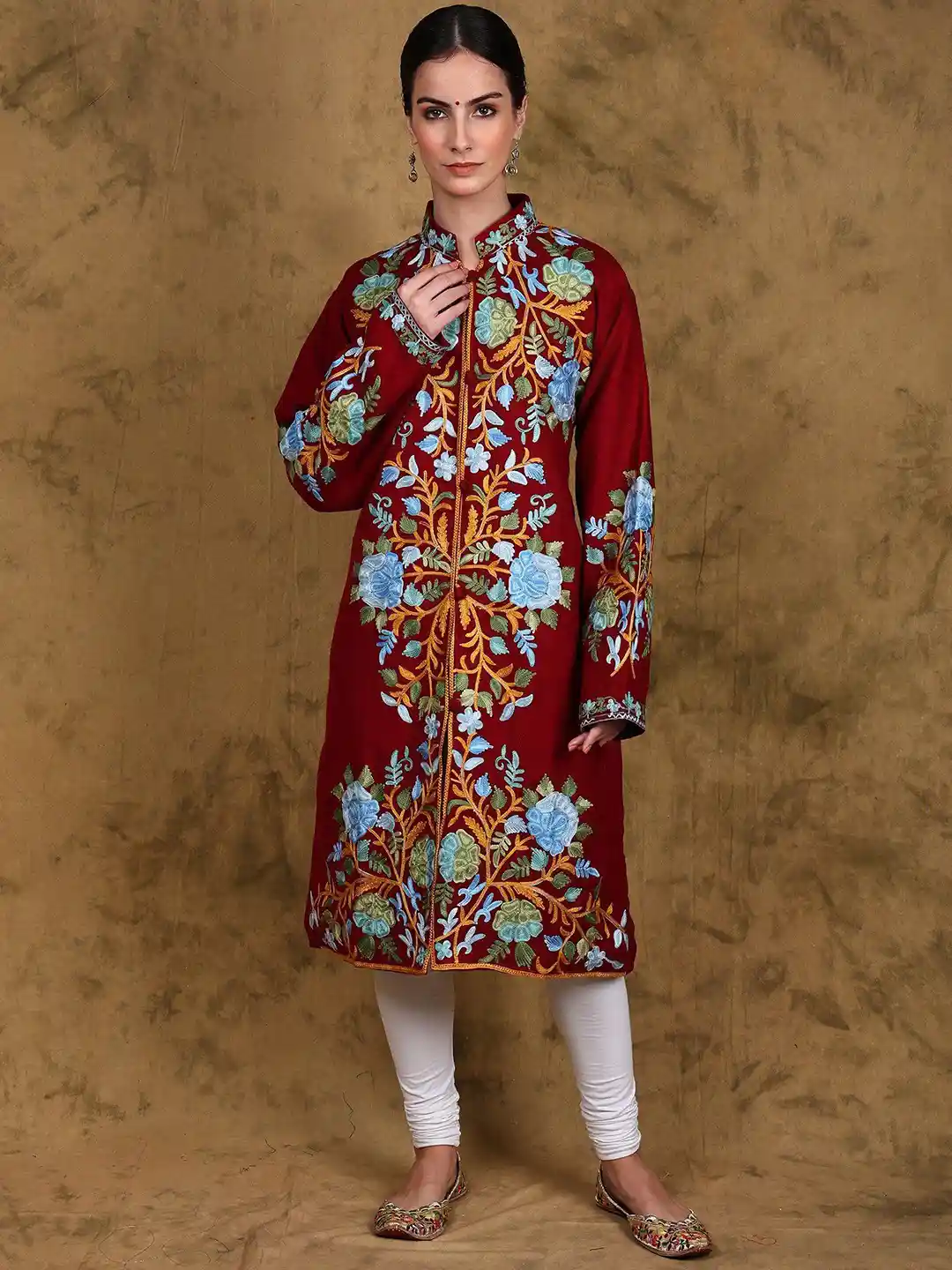 Buy Exotic India Wool Long Jacket from Kashmir with Multicolor