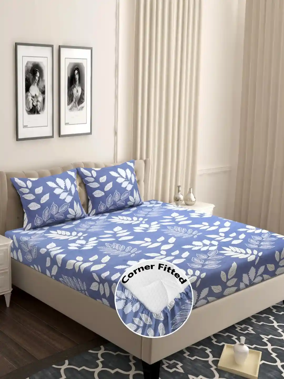 bsb home Grey Silver-Toned Floral 210 TC Queen Bedsheet with Pillow  Covers